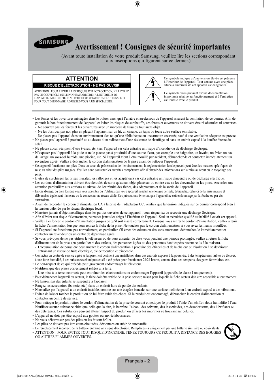 Avertissement ! consignes de sécurité importantes, Attention | Samsung UE40F6100AW User Manual | Page 22 / 81