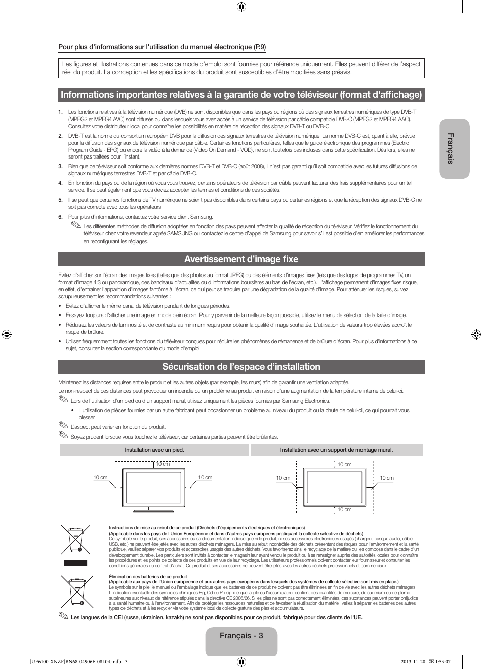 Avertissement d’image fixe, Sécurisation de l’espace d’installation | Samsung UE40F6100AW User Manual | Page 23 / 81