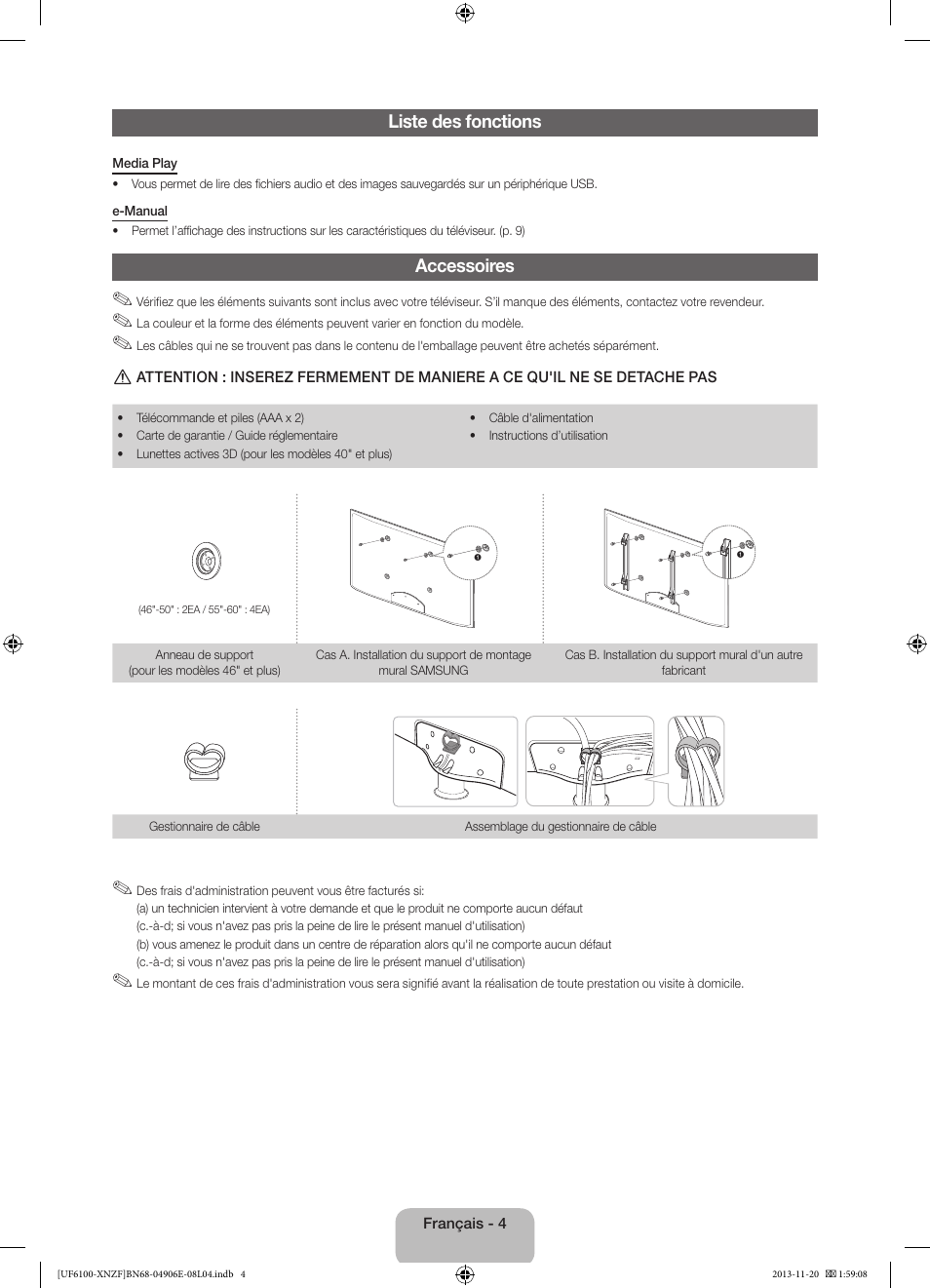 Liste des fonctions, Accessoires | Samsung UE40F6100AW User Manual | Page 24 / 81