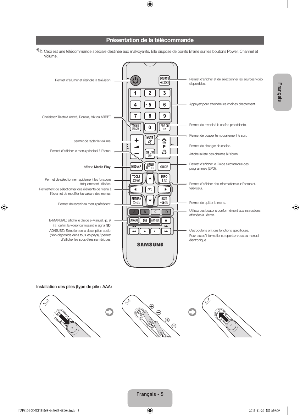 Présentation de la télécommande | Samsung UE40F6100AW User Manual | Page 25 / 81