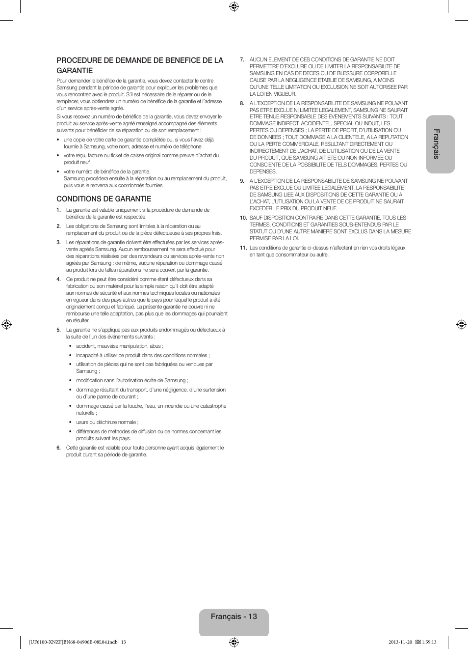 Conditions de garantie, Français - 13 | Samsung UE40F6100AW User Manual | Page 33 / 81