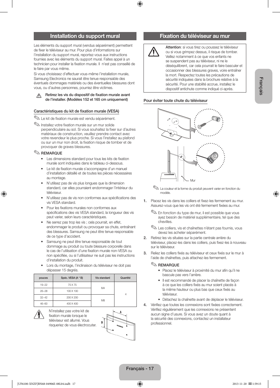 Installation du support mural, Fixation du téléviseur au mur | Samsung UE40F6100AW User Manual | Page 37 / 81