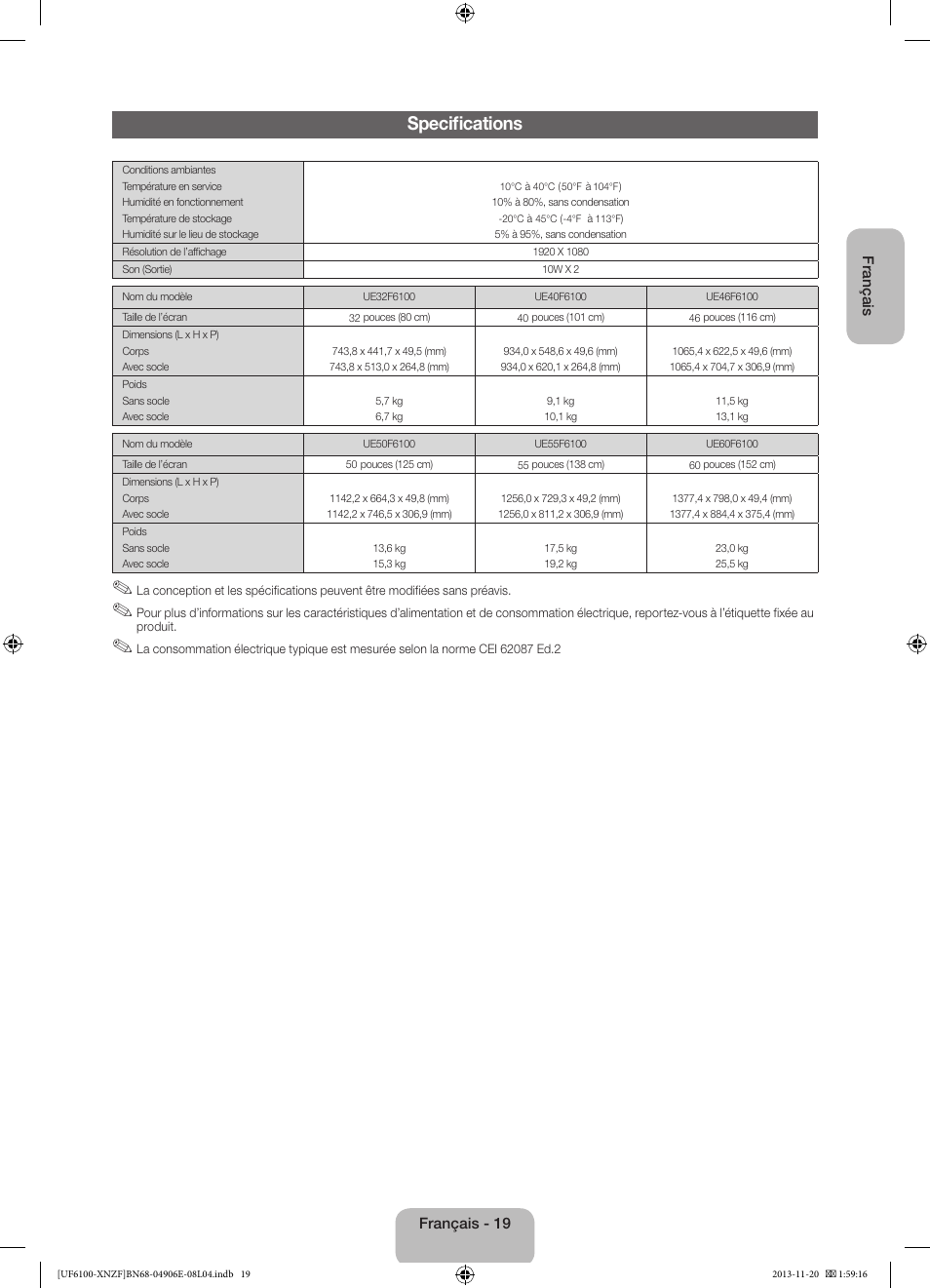 Specifications | Samsung UE40F6100AW User Manual | Page 39 / 81