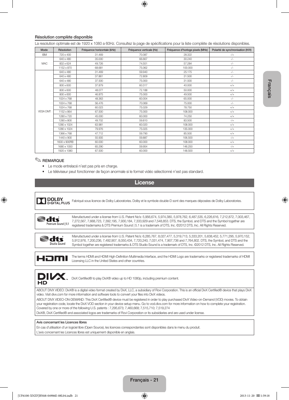 License, Français, Français - 21 | Samsung UE40F6100AW User Manual | Page 41 / 81