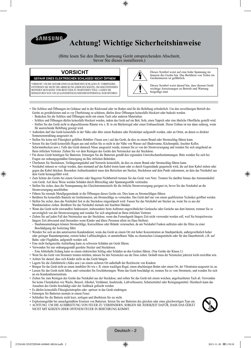 Achtung! wichtige sicherheitshinweise, Vorsicht | Samsung UE40F6100AW User Manual | Page 42 / 81
