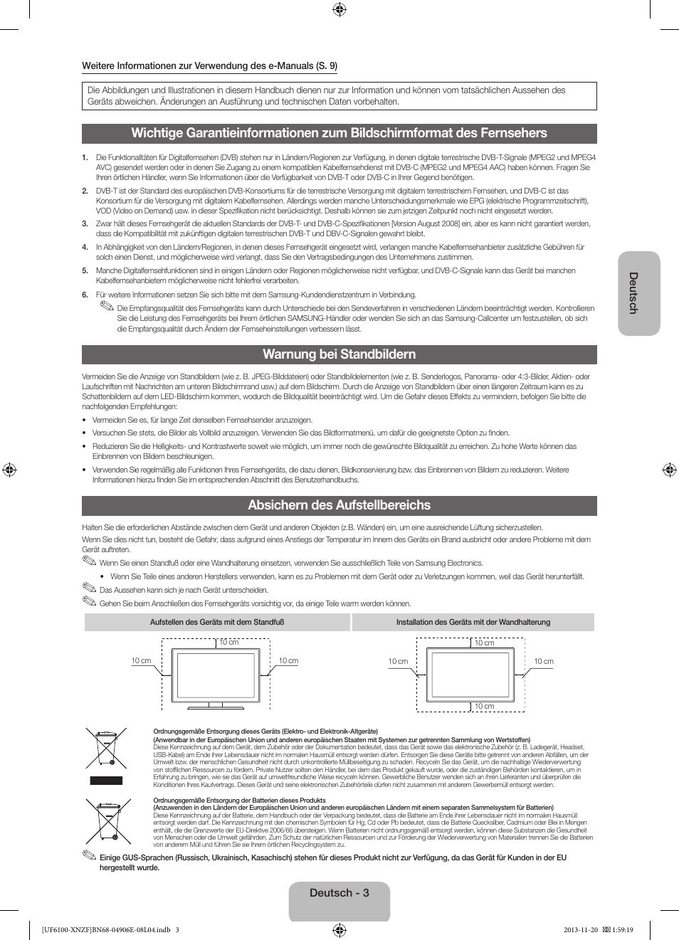 Warnung bei standbildern, Absichern des aufstellbereichs | Samsung UE40F6100AW User Manual | Page 43 / 81