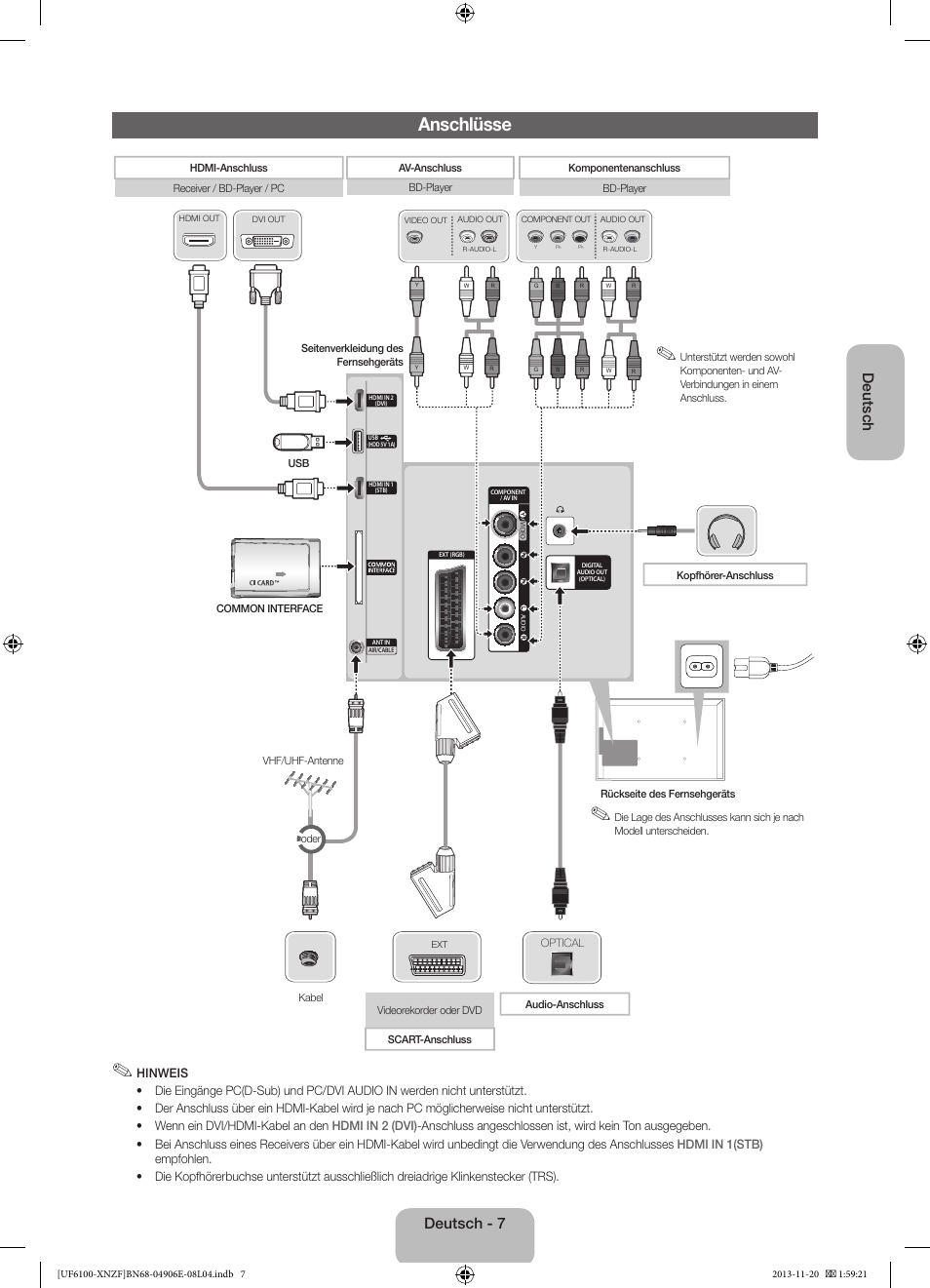 Anschlüsse, Deutsch, Deutsch - 7 | Samsung UE40F6100AW User Manual | Page 47 / 81