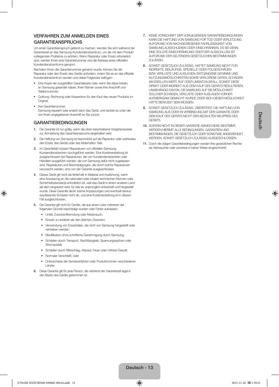 Garantiebedingungen, Deutsch - 13 | Samsung UE40F6100AW User Manual | Page 53 / 81