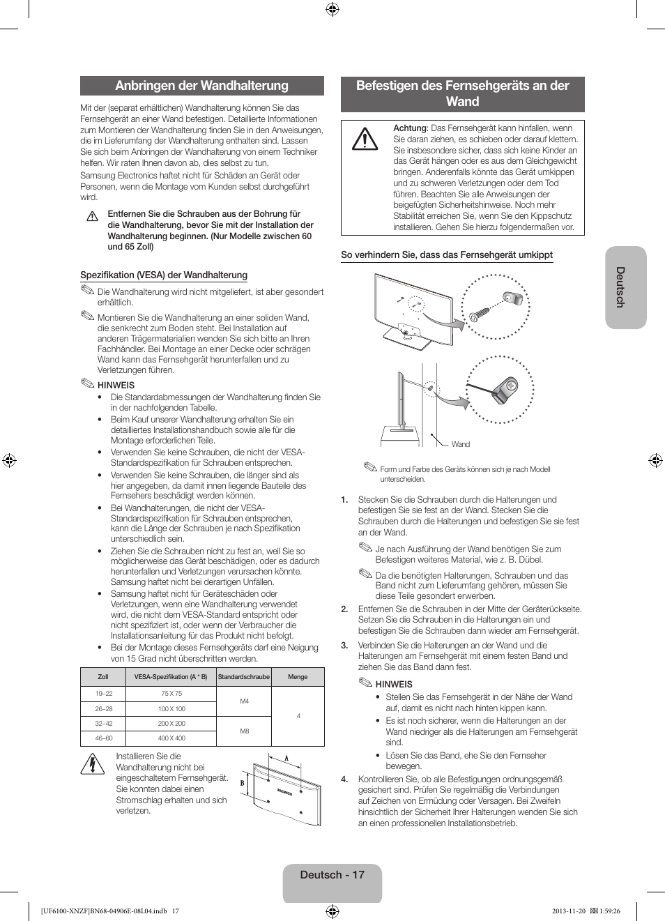Anbringen der wandhalterung, Befestigen des fernsehgeräts an der wand | Samsung UE40F6100AW User Manual | Page 57 / 81