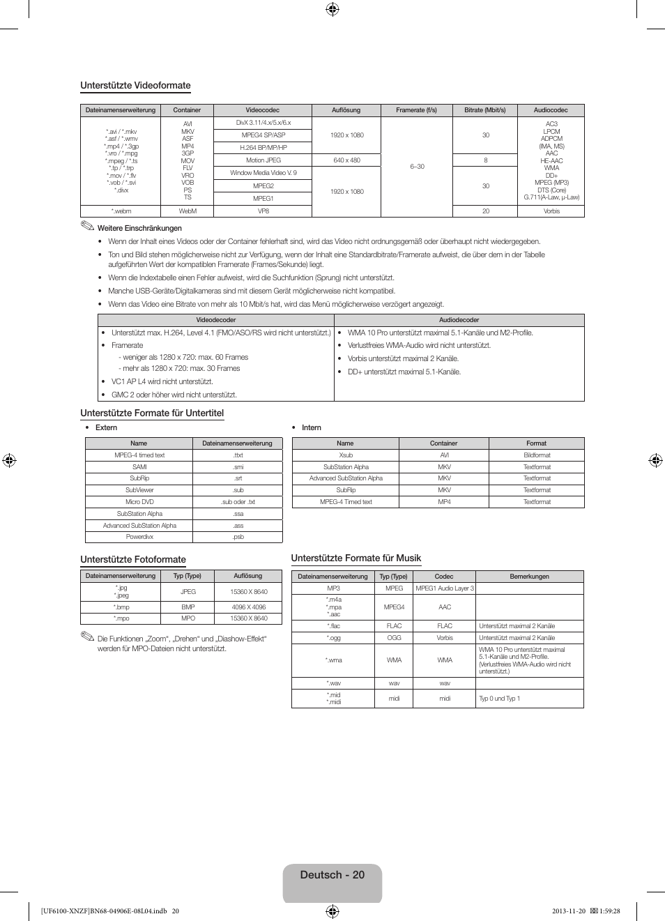 Deutsch - 20 | Samsung UE40F6100AW User Manual | Page 60 / 81
