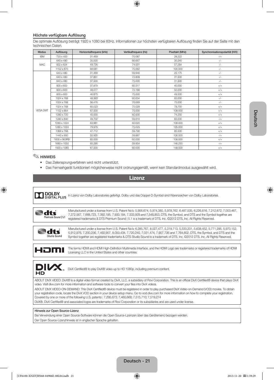 Lizenz, Deutsch, Deutsch - 21 | Samsung UE40F6100AW User Manual | Page 61 / 81