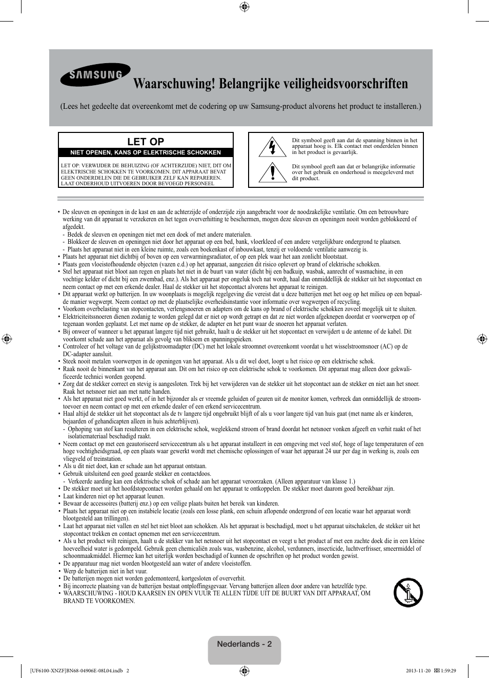 Waarschuwing! belangrijke veiligheidsvoorschriften, Let op | Samsung UE40F6100AW User Manual | Page 62 / 81