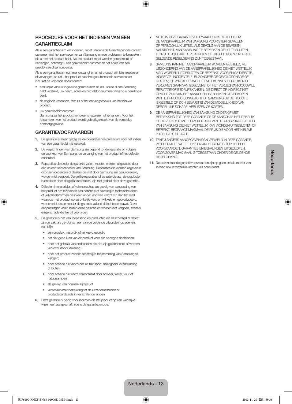 Garantievoorwaarden, Nederlands - 13 | Samsung UE40F6100AW User Manual | Page 73 / 81