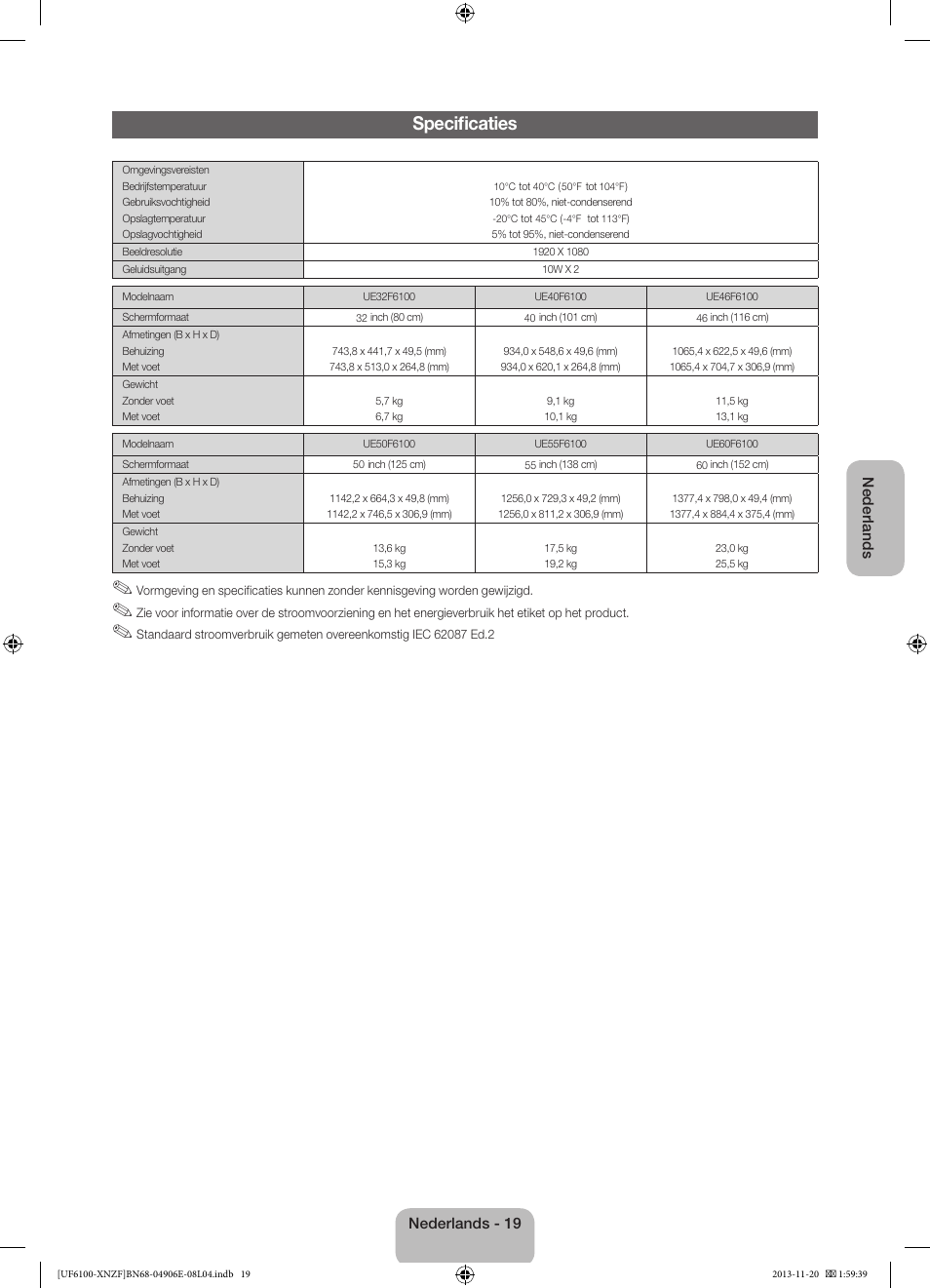 Specificaties | Samsung UE40F6100AW User Manual | Page 79 / 81