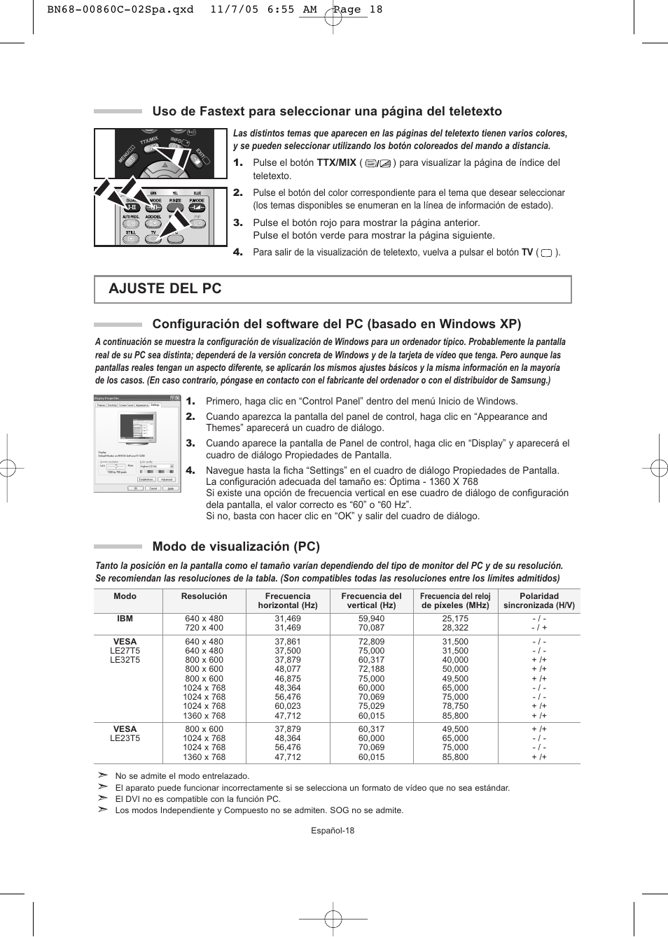 Ajuste del pc, Modo de visualización (pc) | Samsung LE32T51S User Manual | Page 100 / 147