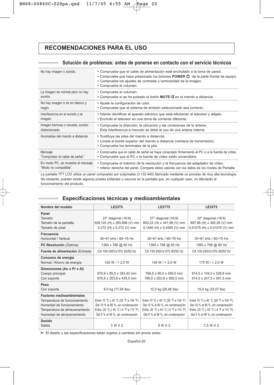 Recomendaciones para el uso, Especificaciones técnicas y medioambientales | Samsung LE32T51S User Manual | Page 102 / 147