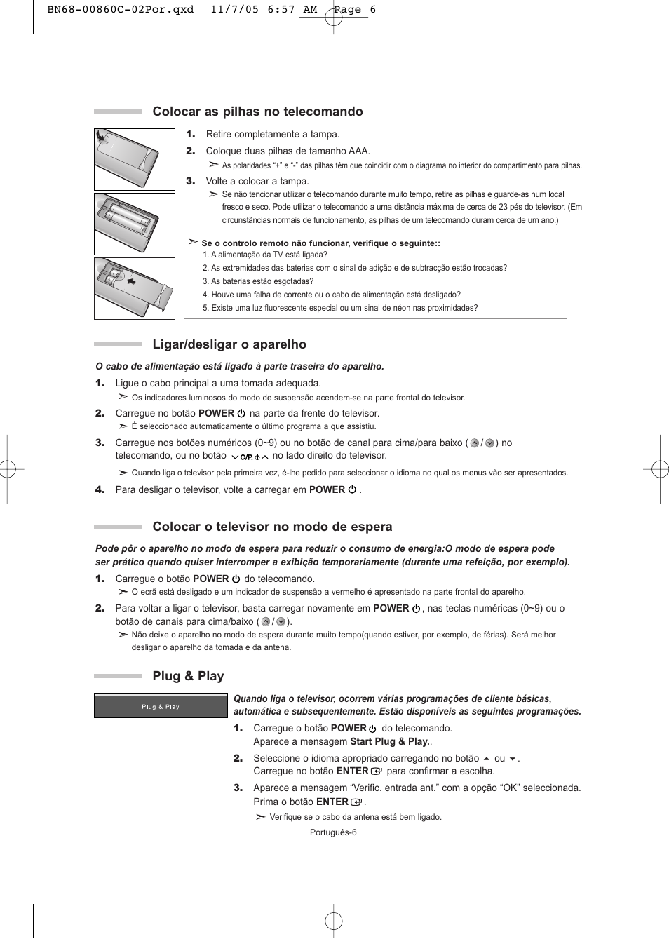 Plug & play, Colocar as pilhas no telecomando | Samsung LE32T51S User Manual | Page 108 / 147