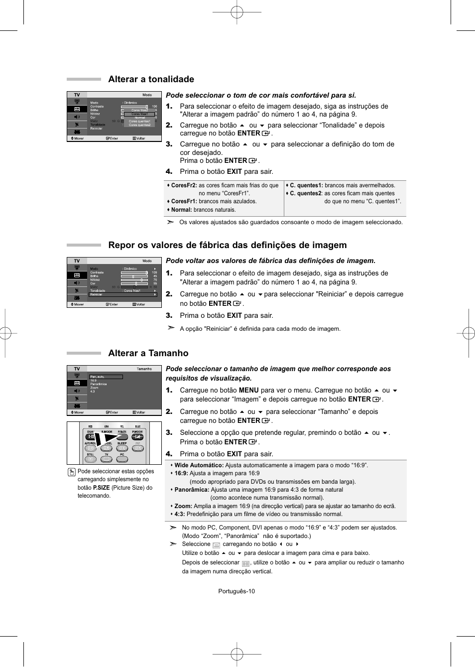 Alterar a tamanho, Alterar a tonalidade | Samsung LE32T51S User Manual | Page 112 / 147