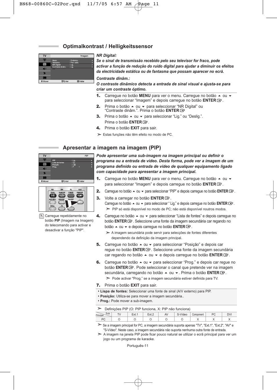 Apresentar a imagem na imagem (pip), Optimalkontrast / helligkeitssensor | Samsung LE32T51S User Manual | Page 113 / 147