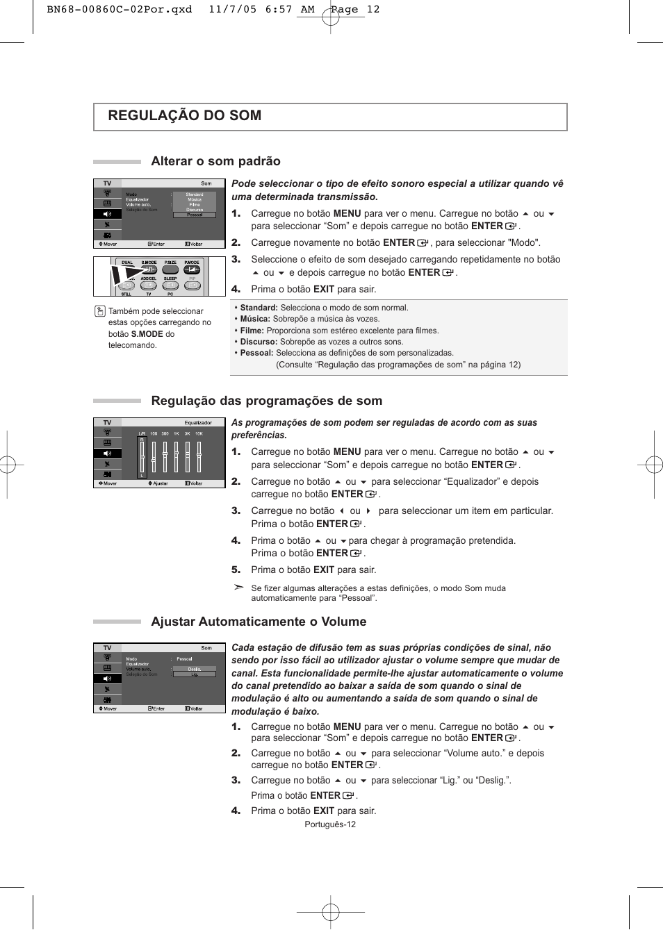Regulação do som, Ajustar automaticamente o volume, Regulação das programações de som | Alterar o som padrão | Samsung LE32T51S User Manual | Page 114 / 147
