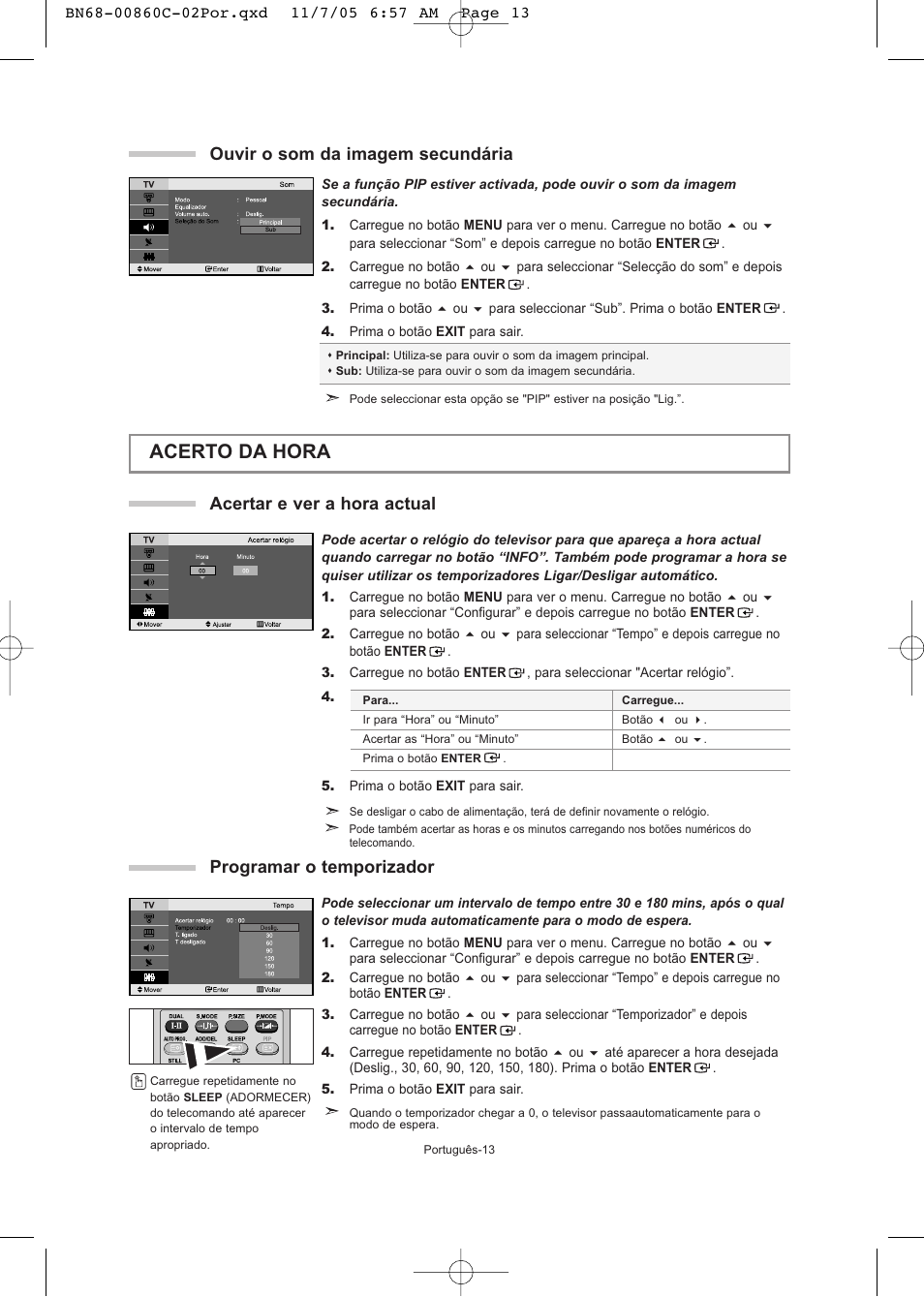 Acerto da hora, Ouvir o som da imagem secundária, Acertar e ver a hora actual | Programar o temporizador | Samsung LE32T51S User Manual | Page 115 / 147