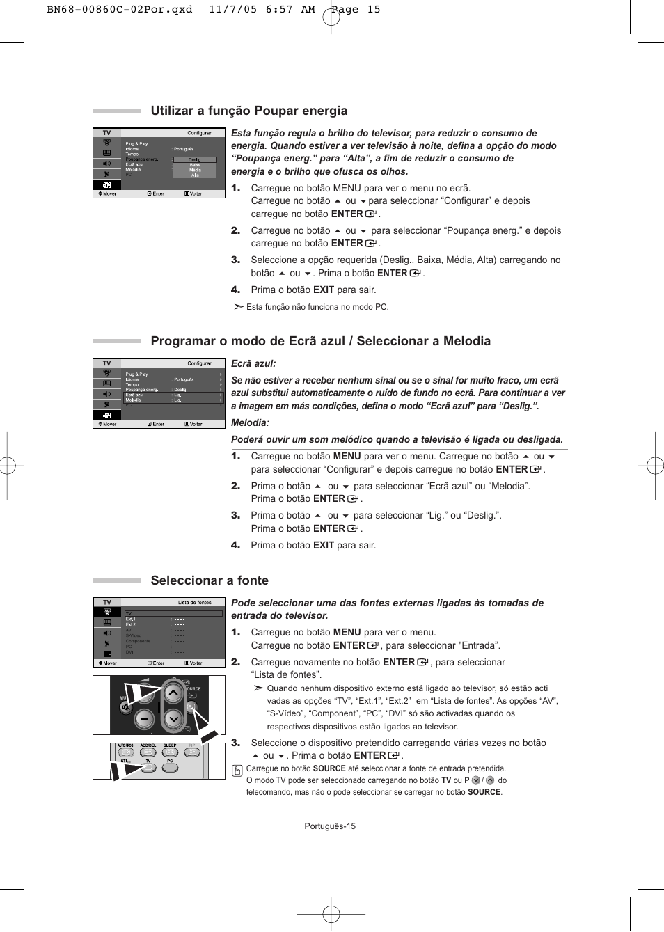 Utilizar a função poupar energia, Seleccionar a fonte | Samsung LE32T51S User Manual | Page 117 / 147
