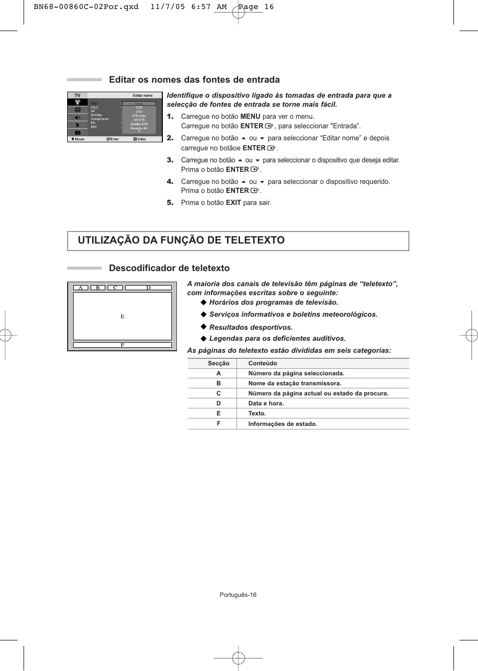 Utilização da função de teletexto, Descodificador de teletexto, Editar os nomes das fontes de entrada | Samsung LE32T51S User Manual | Page 118 / 147