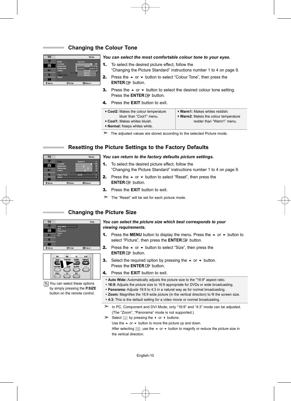 Changing the colour tone, Changing the picture size | Samsung LE32T51S User Manual | Page 12 / 147