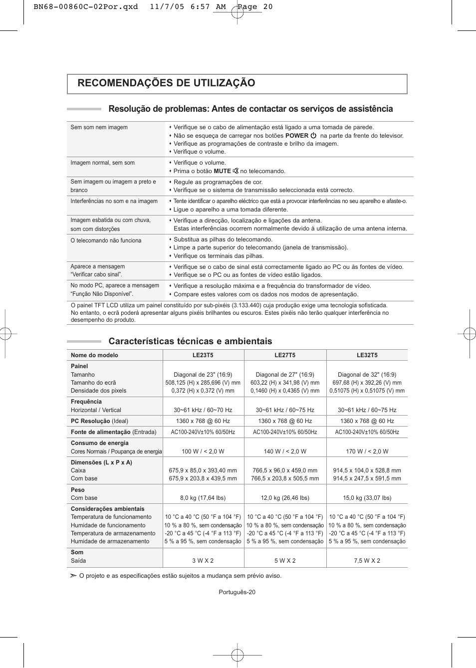 Recomendações de utilização, Características técnicas e ambientais | Samsung LE32T51S User Manual | Page 122 / 147