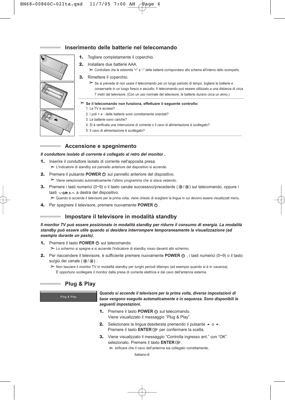 Plug & play, Inserimento delle batterie nel telecomando | Samsung LE32T51S User Manual | Page 128 / 147