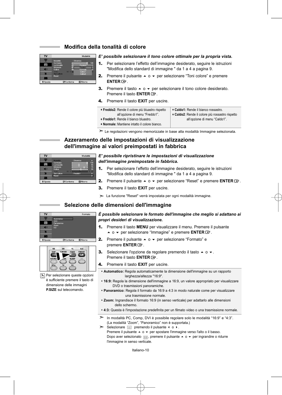 Selezione delle dimensioni dell'immagine, Modifica della tonalità di colore | Samsung LE32T51S User Manual | Page 132 / 147