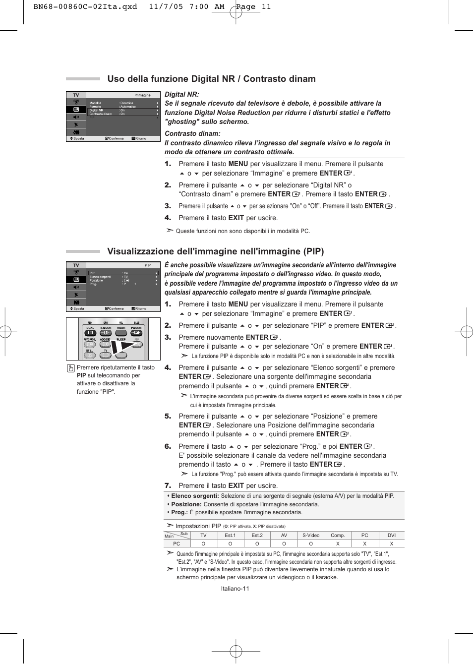 Visualizzazione dell'immagine nell'immagine (pip), Uso della funzione digital nr / contrasto dinam | Samsung LE32T51S User Manual | Page 133 / 147