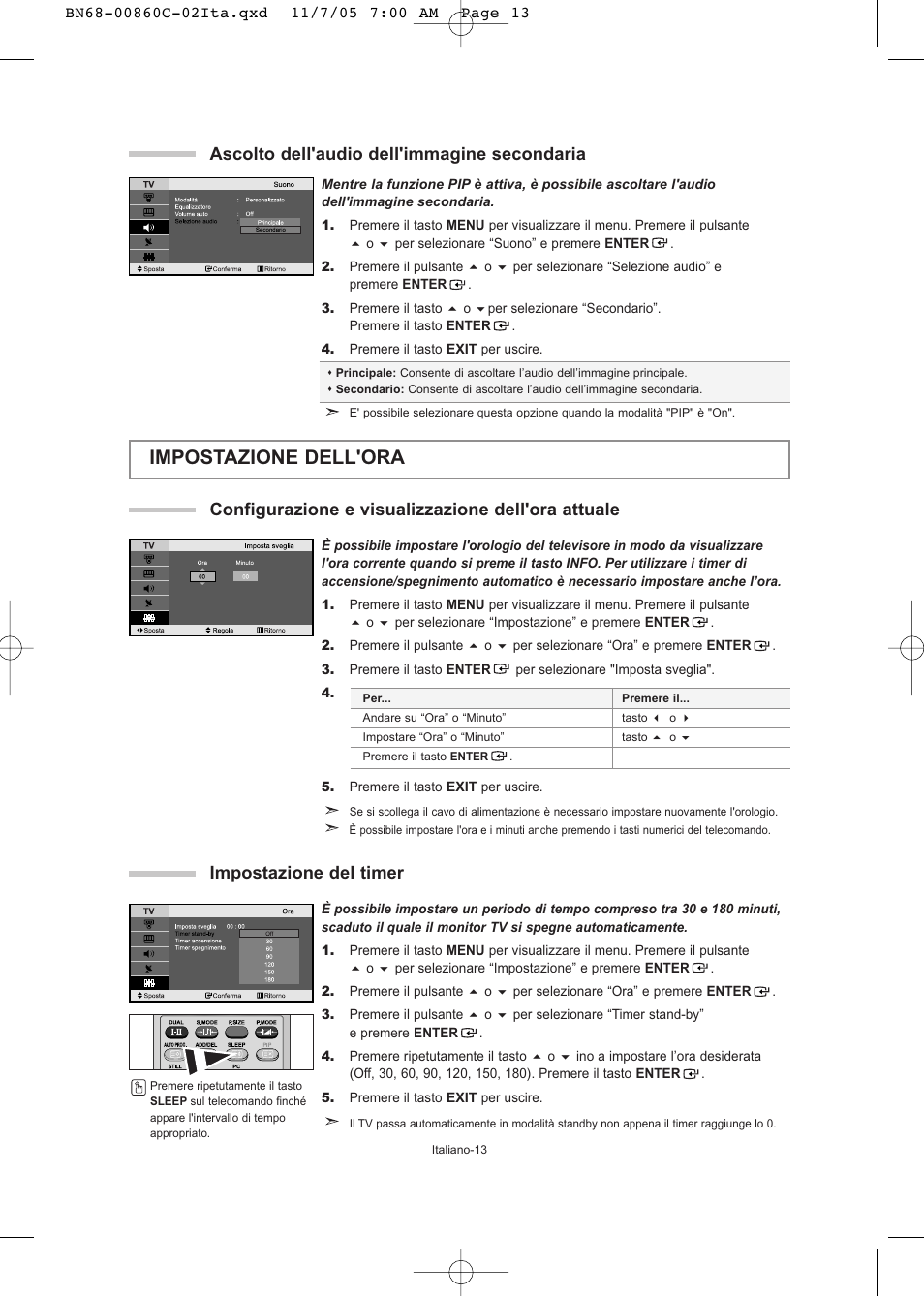 Impostazione dell'ora, Ascolto dell'audio dell'immagine secondaria, Configurazione e visualizzazione dell'ora attuale | Impostazione del timer | Samsung LE32T51S User Manual | Page 135 / 147