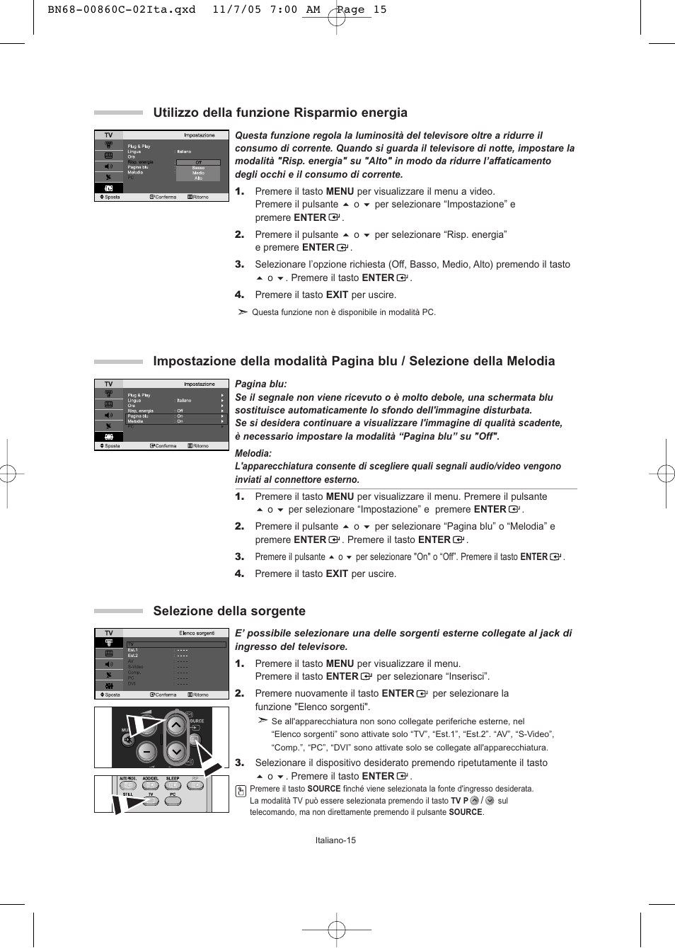 Utilizzo della funzione risparmio energia, Selezione della sorgente | Samsung LE32T51S User Manual | Page 137 / 147