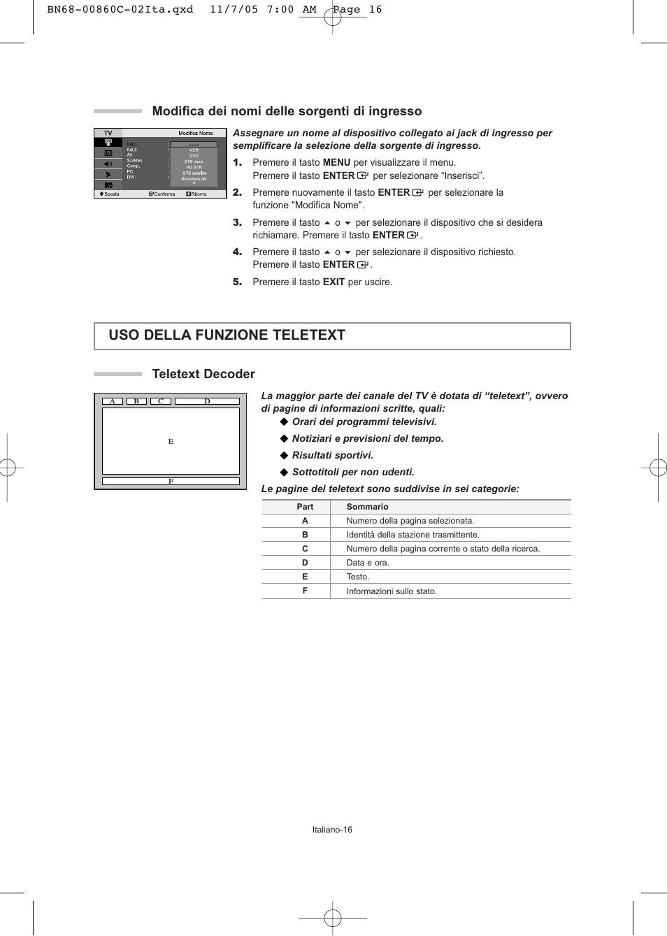 Uso della funzione teletext, Teletext decoder, Modifica dei nomi delle sorgenti di ingresso | Samsung LE32T51S User Manual | Page 138 / 147