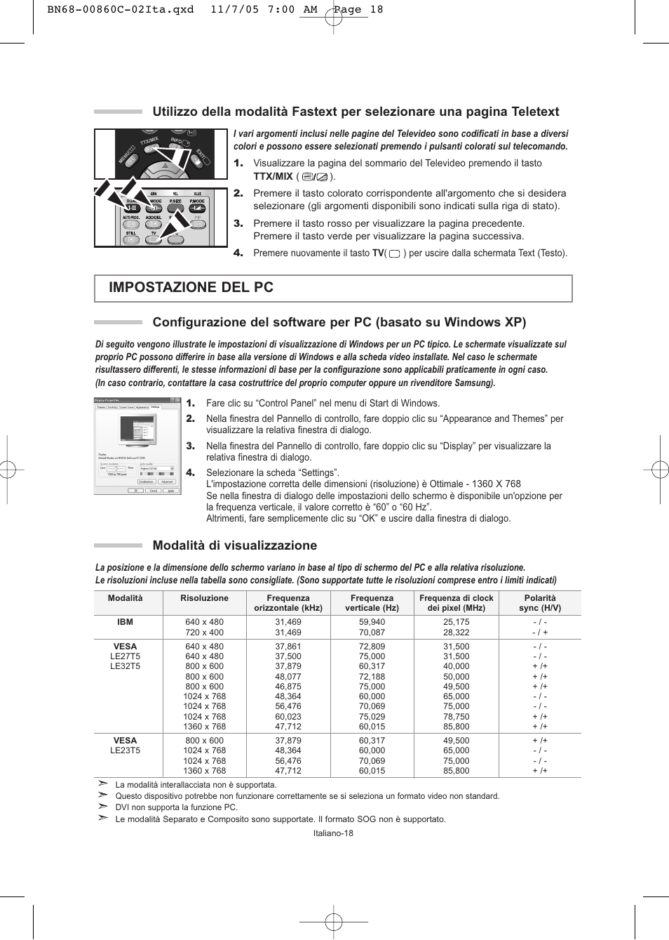 Impostazione del pc, Modalità di visualizzazione | Samsung LE32T51S User Manual | Page 140 / 147