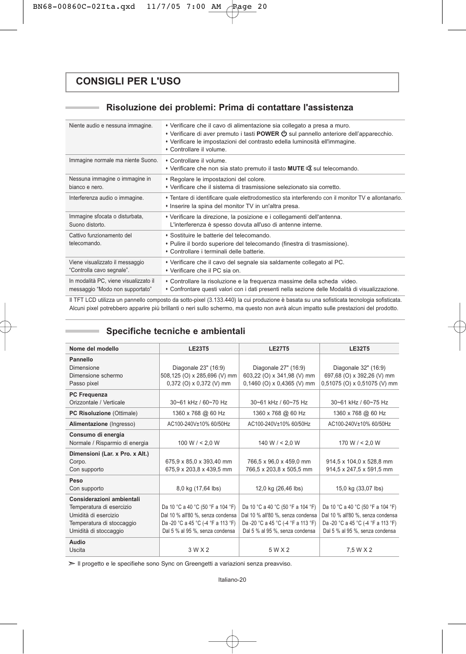 Consigli per l'uso, Specifiche tecniche e ambientali | Samsung LE32T51S User Manual | Page 142 / 147