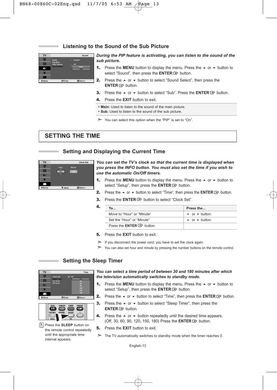 Listening to the sound of the sub picture, Setting the time, Setting and displaying the current time | Setting the sleep timer | Samsung LE32T51S User Manual | Page 15 / 147