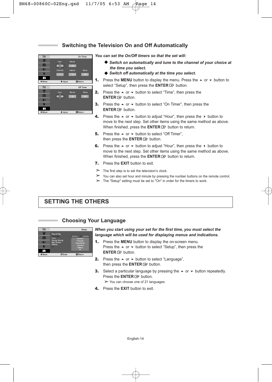 Switching the television on and off automatically, Setting the others, Choosing your language | Samsung LE32T51S User Manual | Page 16 / 147
