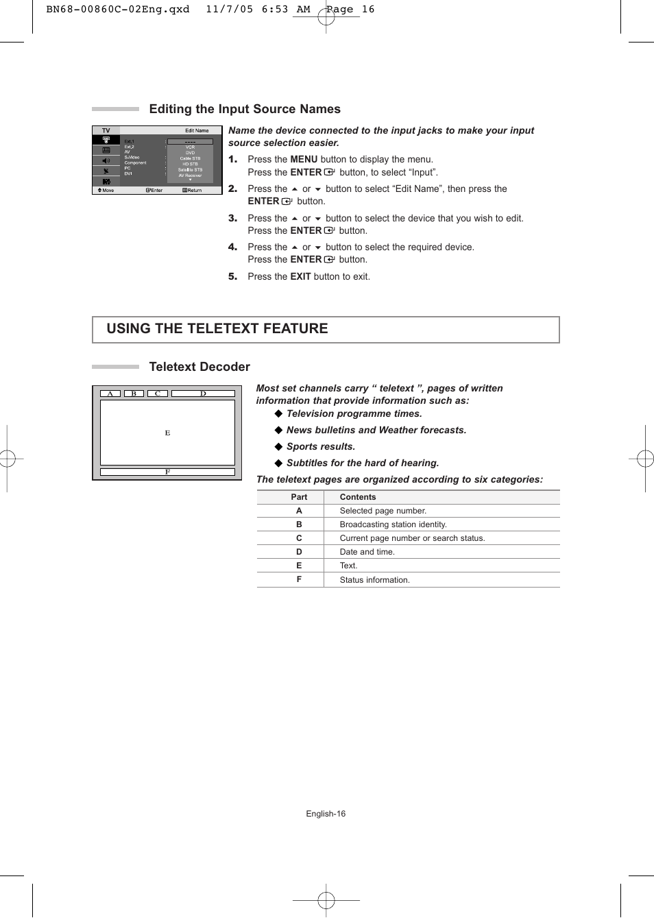 Editing the input source names, Using the teletext feature, Teletext decoder | Samsung LE32T51S User Manual | Page 18 / 147