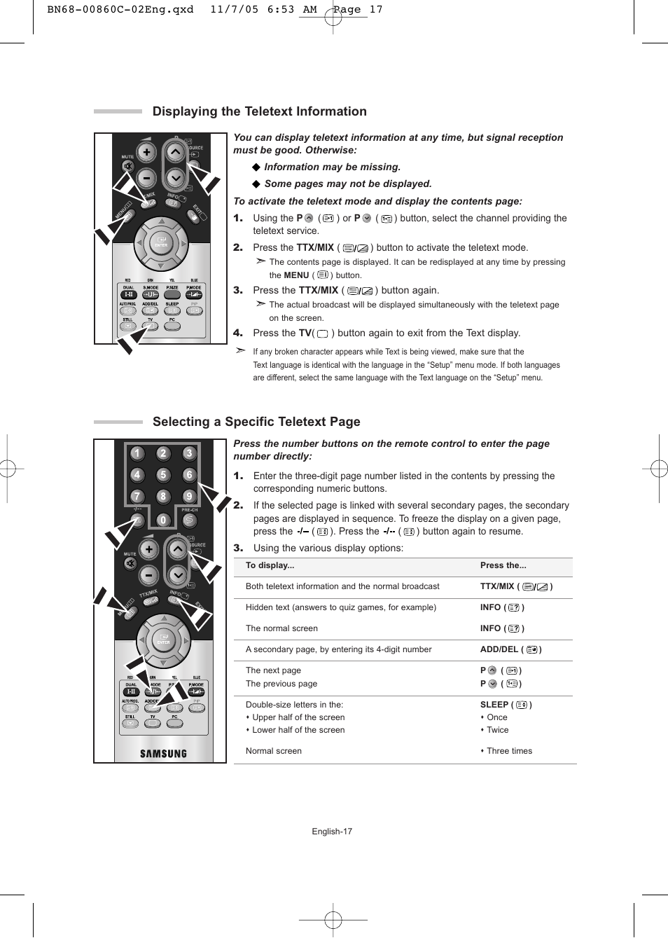 Displaying the teletext information, Selecting a specific teletext page | Samsung LE32T51S User Manual | Page 19 / 147