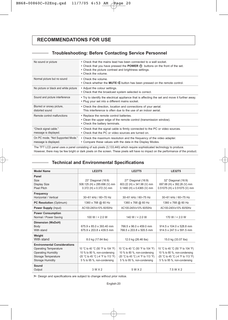 Recommendations for use, Technical and environmental specifications | Samsung LE32T51S User Manual | Page 22 / 147