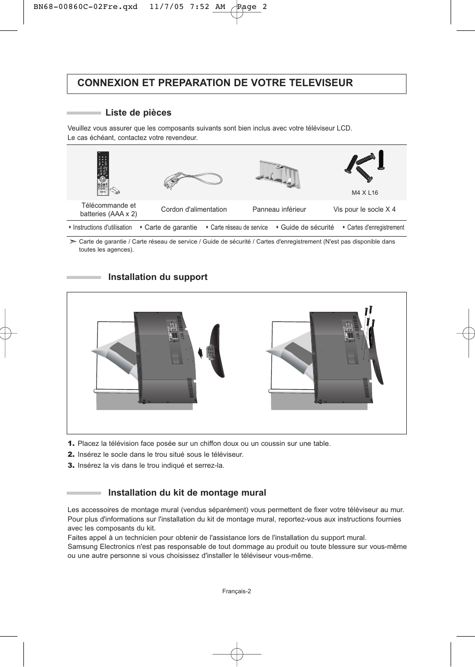 Connexion et preparation de votre televiseur, Liste de pièces, Installation du support | Installation du kit de montage mural | Samsung LE32T51S User Manual | Page 24 / 147