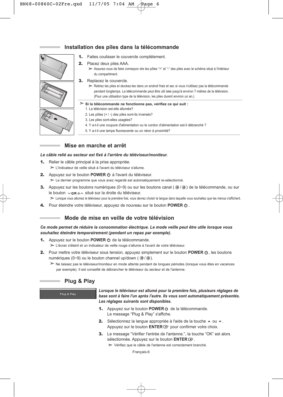 Plug & play, Installation des piles dans la télécommande | Samsung LE32T51S User Manual | Page 28 / 147