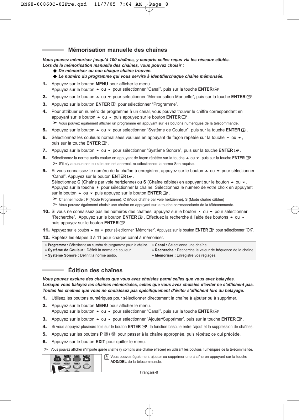 Mémorisation manuelle des chaînes, Édition des chaînes | Samsung LE32T51S User Manual | Page 30 / 147