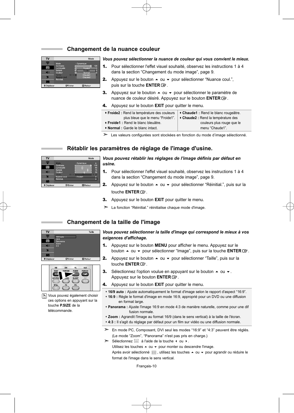 Changement de la taille de l'image, Changement de la nuance couleur | Samsung LE32T51S User Manual | Page 32 / 147
