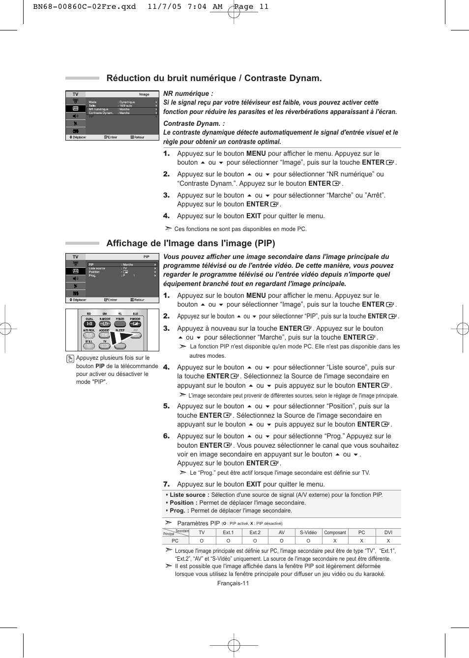 Affichage de l'image dans l'image (pip), Réduction du bruit numérique / contraste dynam | Samsung LE32T51S User Manual | Page 33 / 147