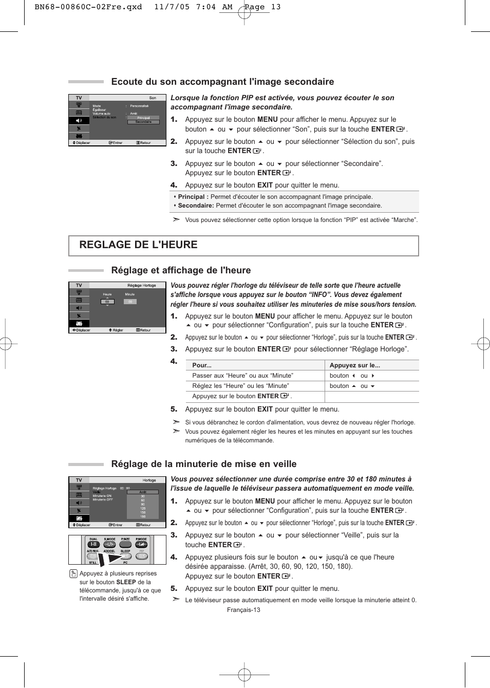 Reglage de l'heure, Ecoute du son accompagnant l'image secondaire, Réglage et affichage de l'heure | Réglage de la minuterie de mise en veille | Samsung LE32T51S User Manual | Page 35 / 147