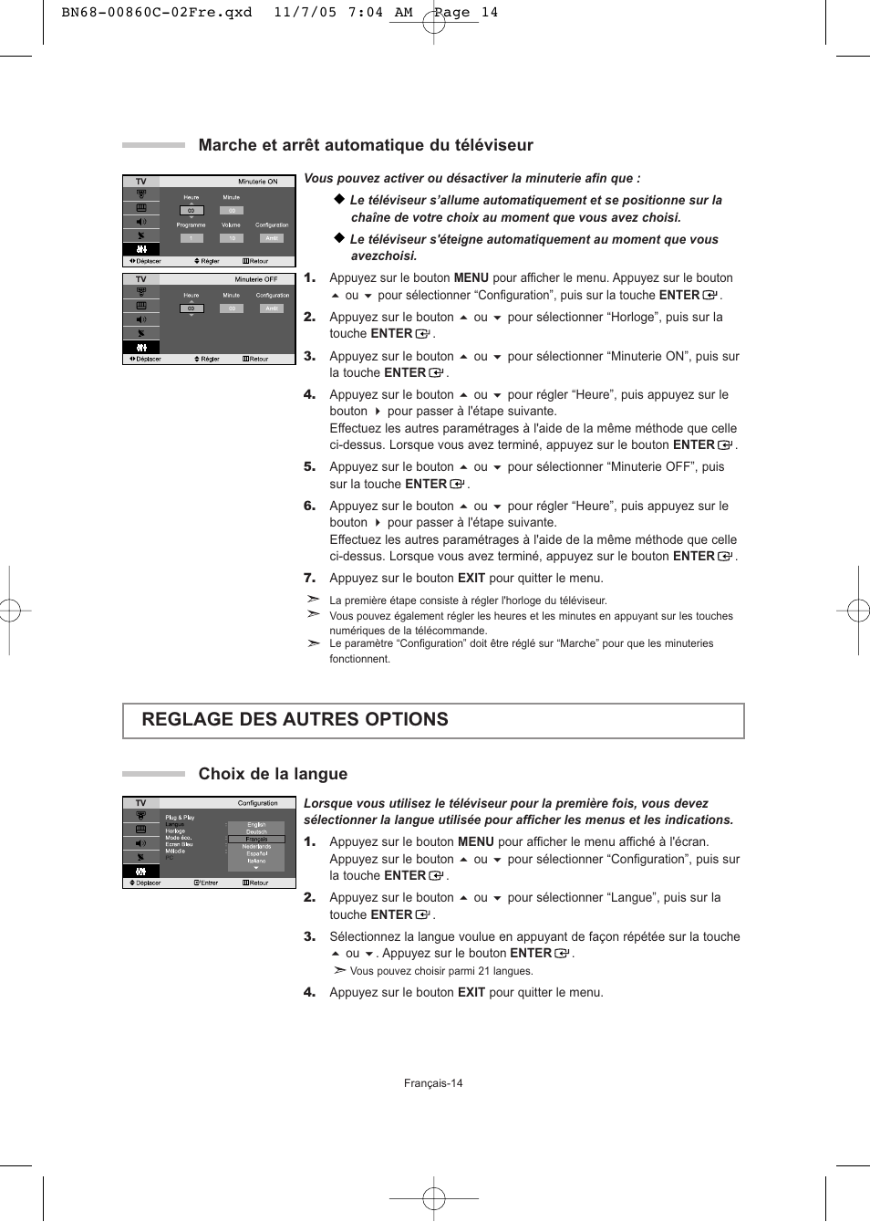 Reglage des autres options, Marche et arrêt automatique du téléviseur, Choix de la langue | Samsung LE32T51S User Manual | Page 36 / 147