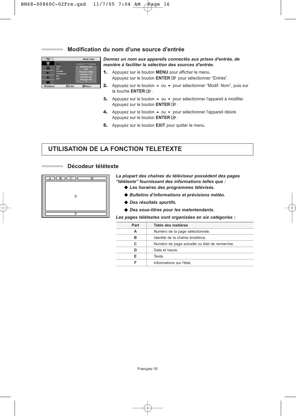 Utilisation de la fonction teletexte, Décodeur télétexte, Modification du nom d'une source d'entrée | Samsung LE32T51S User Manual | Page 38 / 147
